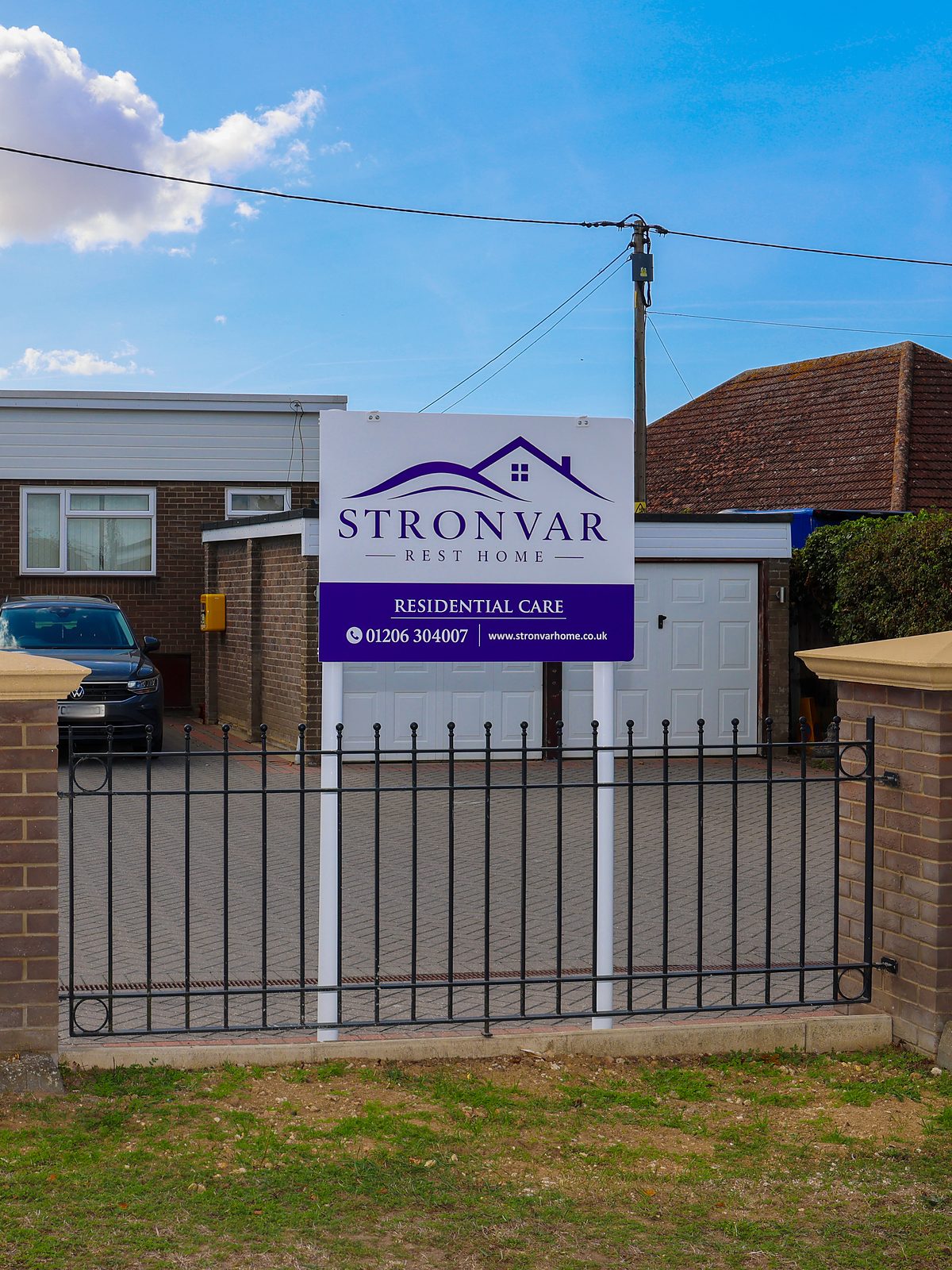 The entrance gates and sign at Stronvar Rest Home, Church Road, Brightlingsea